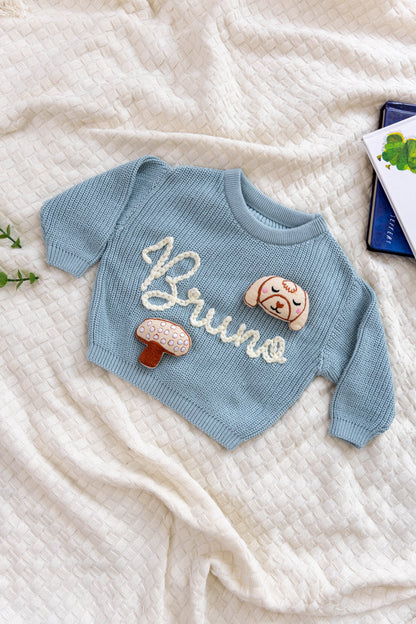 Light Teal Custom Sweater for Baby, Hand Embroidered with Stuffed Patches, 100% Organic Cotton