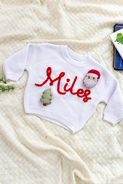 White Custom Sweater for Baby for Christmas, Hand Embroidered with Stuffed Patches, 100% Cotton