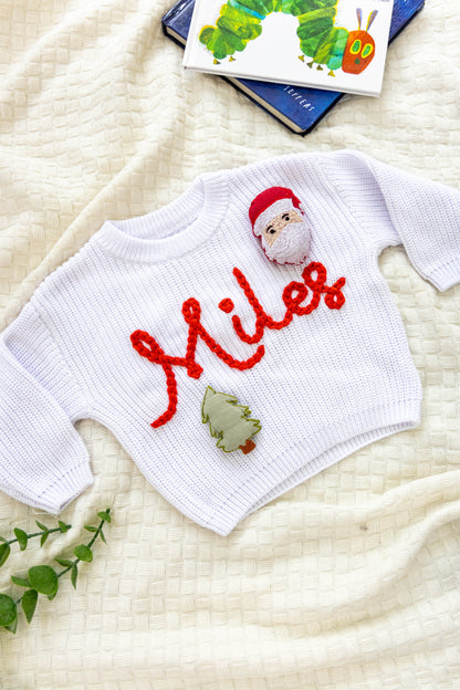 White Custom Sweater for Baby for Christmas, Hand Embroidered with Stuffed Patches, 100% Cotton
