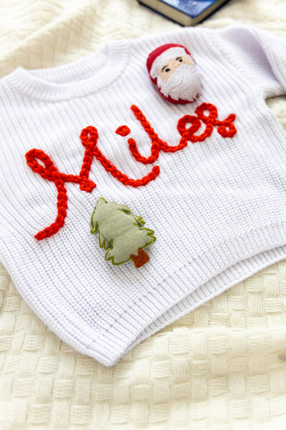 White Custom Sweater for Baby for Christmas, Hand Embroidered with Stuffed Patches, 100% Cotton
