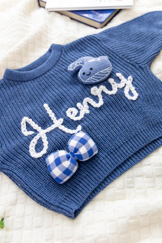 Azure Blue Custom Sweater for Baby Boy, Hand Embroidered with Stuffed Patches, 100% Organic Cotton
