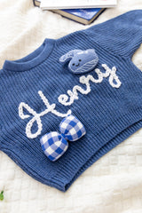 Azure Blue Custom Sweater for Baby Boy, Hand Embroidered with Stuffed Patches, 100% Organic Cotton