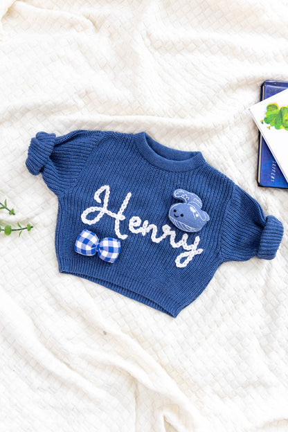 Azure Blue Custom Sweater for Baby Boy, Hand Embroidered with Stuffed Patches, 100% Organic Cotton