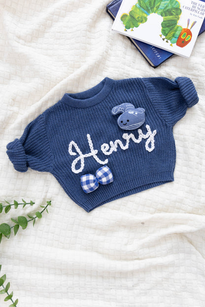 Azure Blue Custom Sweater for Baby Boy, Hand Embroidered with Stuffed Patches, 100% Organic Cotton