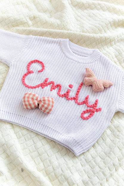 White Custom Sweater for Baby Girl, Hand Embroidered with Stuffed Patches, 100% Cotton