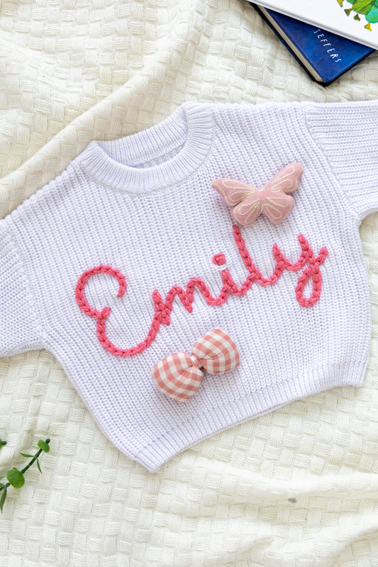 White Custom Sweater for Baby Girl, Hand Embroidered with Stuffed Patches, 100% Cotton