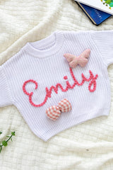 White Custom Sweater for Baby Girl, Hand Embroidered with Stuffed Patches, 100% Cotton