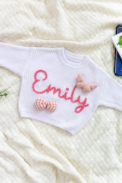 White Custom Sweater for Baby Girl, Hand Embroidered with Stuffed Patches, 100% Cotton