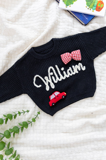Black Custom Sweater for Baby, Hand Embroidered with Stuffed Patches, 100% Cotton