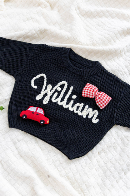 Black Custom Sweater for Baby, Hand Embroidered with Stuffed Patches, 100% Cotton