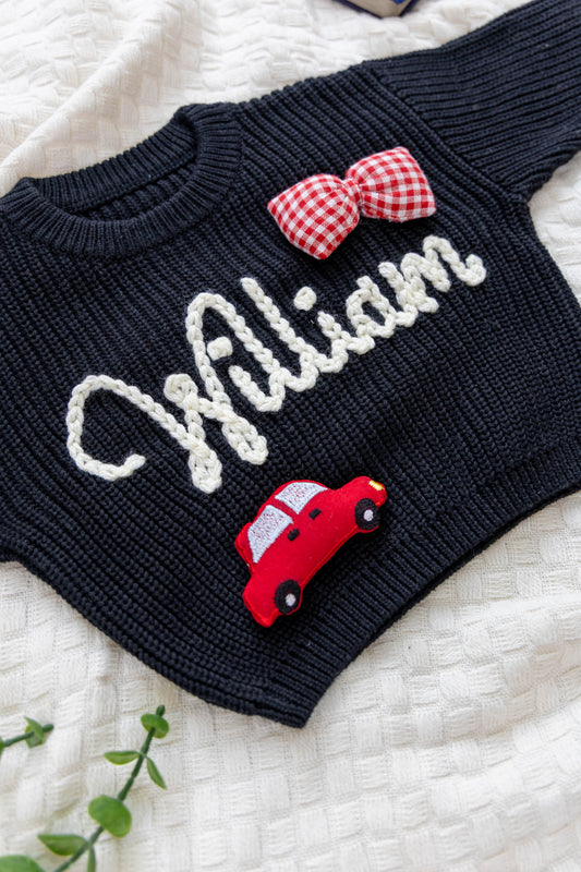 Black Custom Sweater for Baby, Hand Embroidered with Stuffed Patches, 100% Cotton