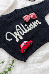 Black Custom Sweater for Baby, Hand Embroidered with Stuffed Patches, 100% Cotton