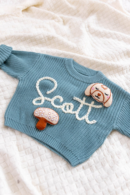 Teal Custom Sweater for Baby, Hand Embroidered with Stuffed Patches, 100% Cotton