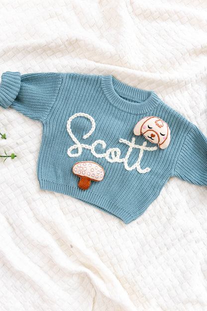 Teal Custom Sweater for Baby, Hand Embroidered with Stuffed Patches, 100% Cotton