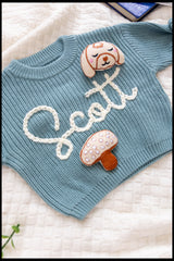 Teal Custom Sweater for Baby, Hand Embroidered with Stuffed Patches, 100% Cotton