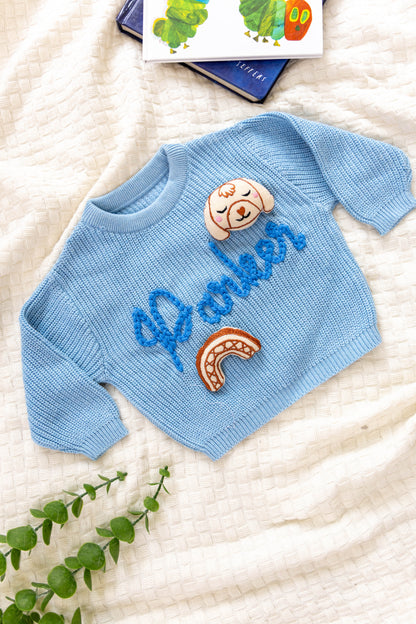 Light Blue Custom Sweater for Baby Boy, Hand Embroidered with Stuffed Patches, 100% Organic Cotton