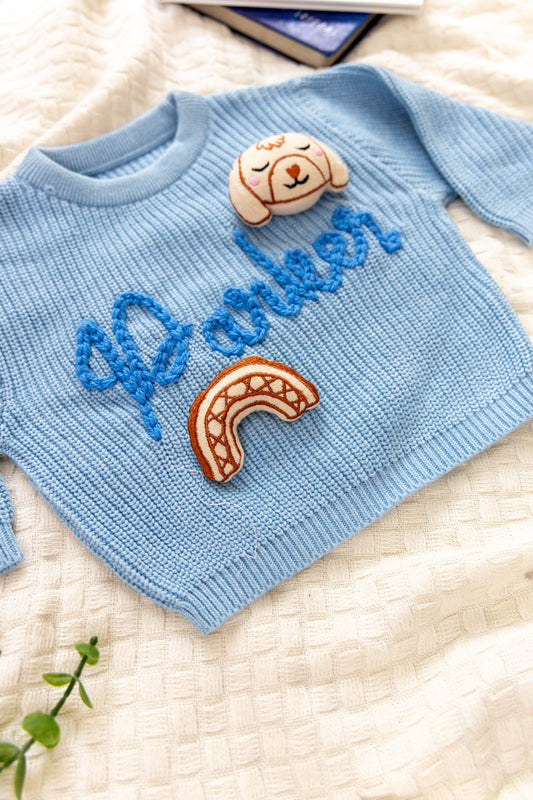 Light Blue Custom Sweater for Baby Boy, Hand Embroidered with Stuffed Patches, 100% Organic Cotton