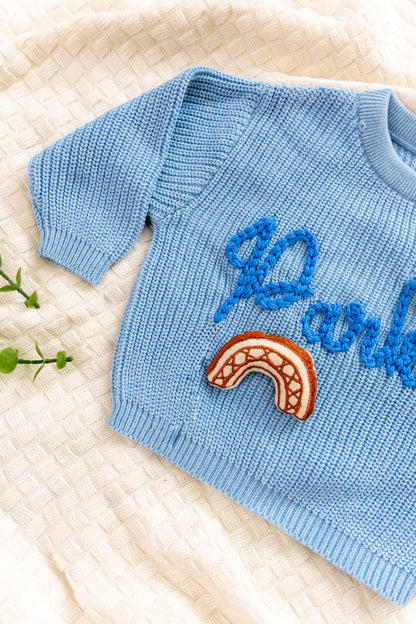 Light Blue Custom Sweater for Baby Boy, Hand Embroidered with Stuffed Patches, 100% Organic Cotton