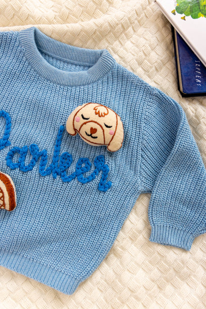 Light Blue Custom Sweater for Baby Boy, Hand Embroidered with Stuffed Patches, 100% Organic Cotton