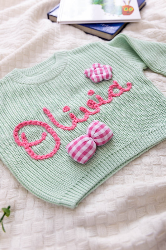 Sea Green Custom Sweater for Baby Girl, Hand Embroidered with Stuffed Patches, 100% Cotton