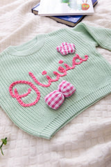 Sea Green Custom Sweater for Baby Girl, Hand Embroidered with Stuffed Patches, 100% Cotton