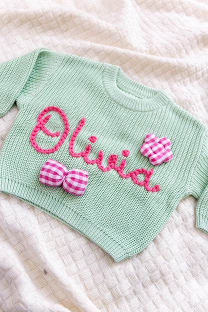 Sea Green Custom Sweater for Baby Girl, Hand Embroidered with Stuffed Patches, 100% Cotton