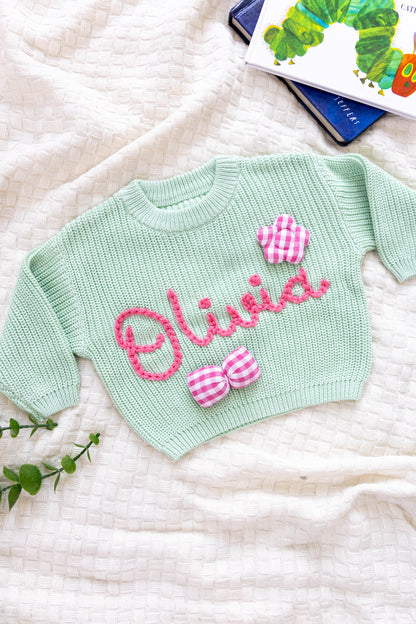 Sea Green Custom Sweater for Baby Girl, Hand Embroidered with Stuffed Patches, 100% Cotton