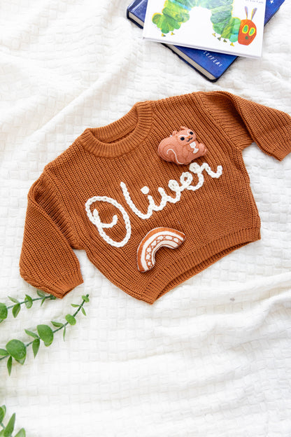 Rust Custom Sweater for Baby, Hand Embroidered with Stuffed Patches, 100% Cotton