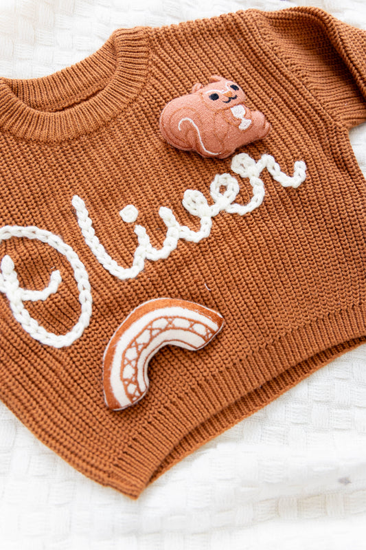 Rust Custom Sweater for Baby, Hand Embroidered with Stuffed Patches, 100% Cotton