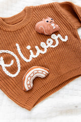 Rust Custom Sweater for Baby, Hand Embroidered with Stuffed Patches, 100% Cotton