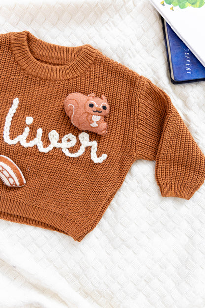 Rust Custom Sweater for Baby, Hand Embroidered with Stuffed Patches, 100% Cotton