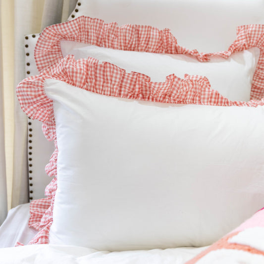 Cotton Percale Organic Standard Sham with Ruffles Trim- Peach Gingham