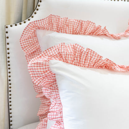 Cotton Percale Organic Standard Sham with Ruffles Trim- Peach Gingham
