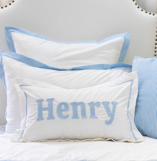 Personalized Name Pillow Cover with Flange- Baby Blue 3D Embroidery