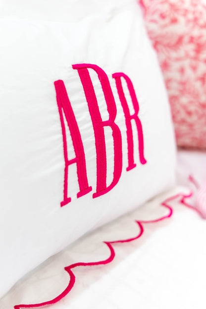 Personalized Monogram Pillow Cover with Scallops- Fuchsia Pink 3D Embroidery