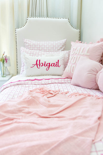 Custom Name Pillow Cover with Ruffles- Fuchsia Pink 3D Embroidery