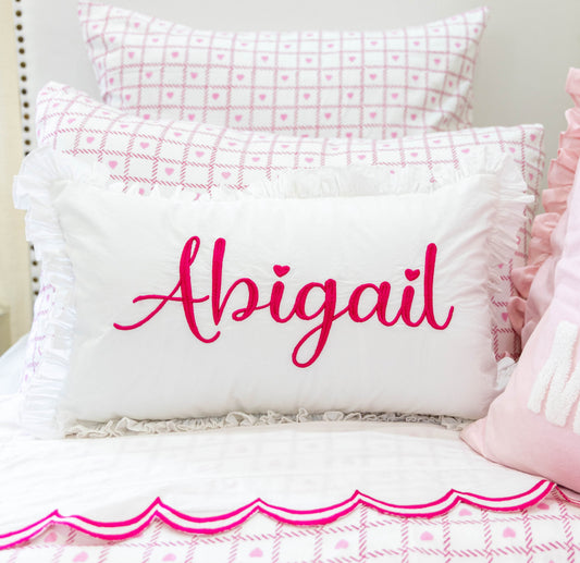 Custom Name Pillow Cover with Ruffles- Fuchsia Pink 3D Embroidery
