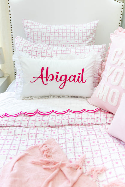 Custom Name Pillow Cover with Ruffles- Fuchsia Pink 3D Embroidery