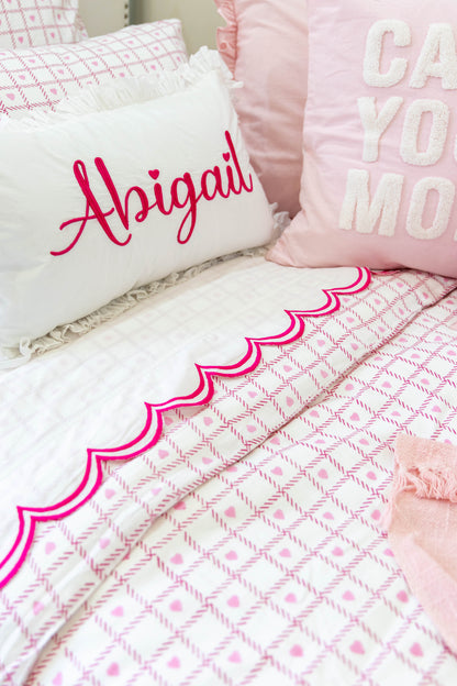 Custom Name Pillow Cover with Ruffles- Fuchsia Pink 3D Embroidery