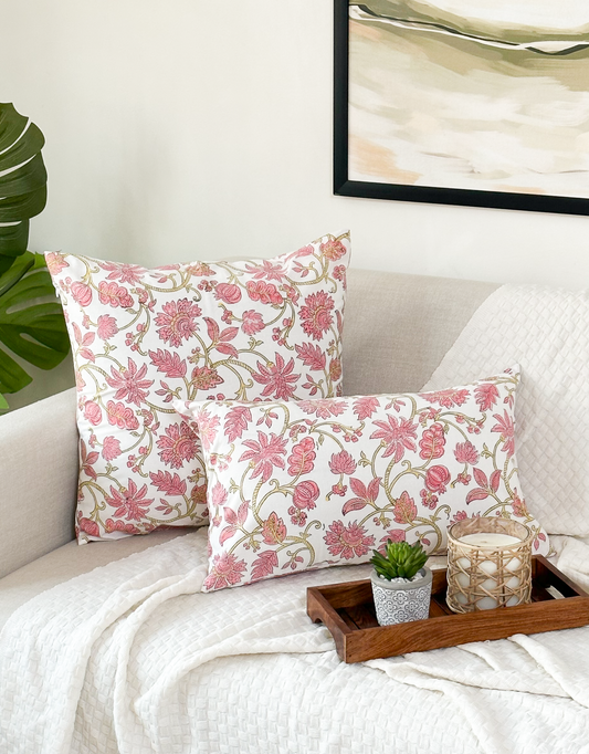 Pink Floral Block Print Pillow Cover