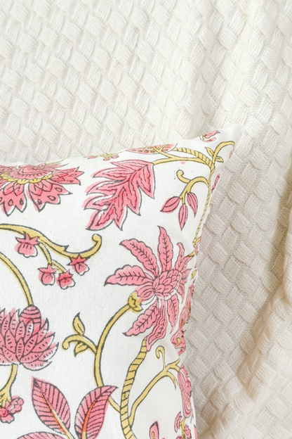 Pink Floral Block Print Pillow Cover