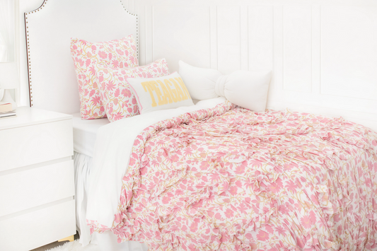 Hand Block Printed Cotton Sateen Duvet Cover With Ruffled Scallops