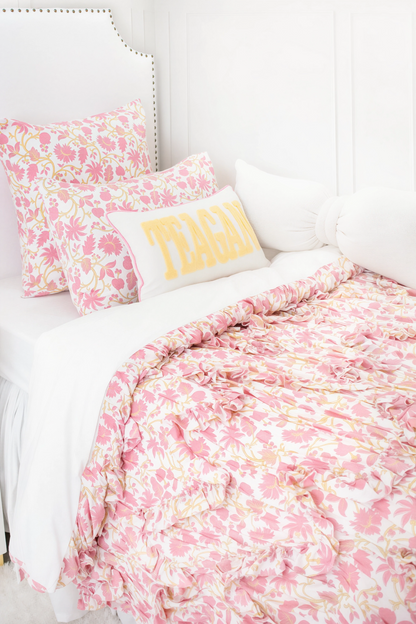 Hand Block Printed Cotton Sateen Duvet Cover With Ruffled Scallops