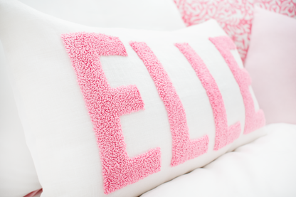 White Pink Linen Personalized Name Pillow Cover