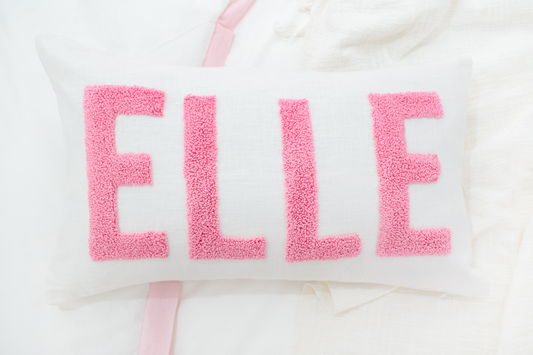 White Pink Linen Personalized Name Pillow Cover