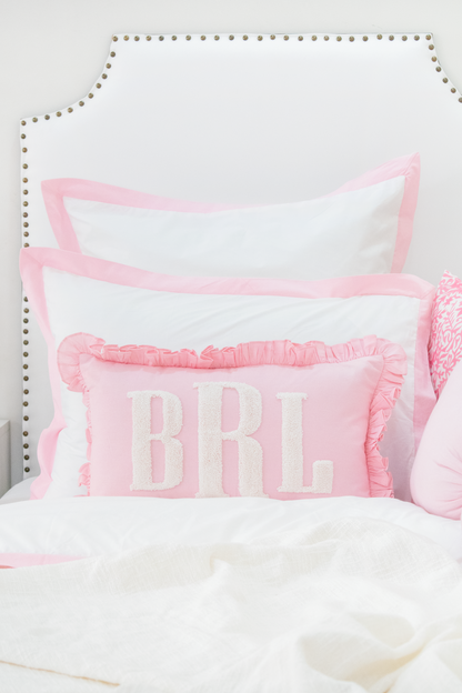 Baby Pink Custom Monogram Pillow Cover With Ruffles