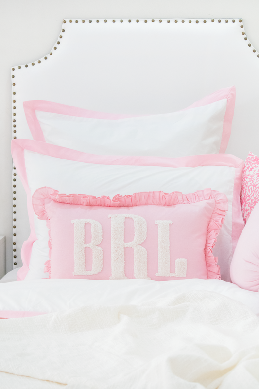 Baby Pink Custom Monogram Pillow Cover With Ruffles
