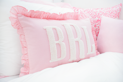 Baby Pink Custom Monogram Pillow Cover With Ruffles