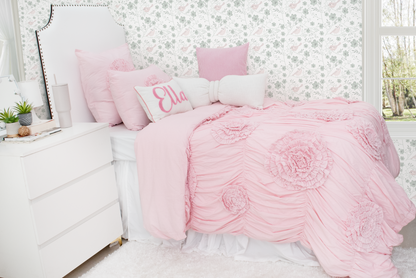 Cotton Ruched Duvet Cover With Ruffled Flowers-Baby Pink