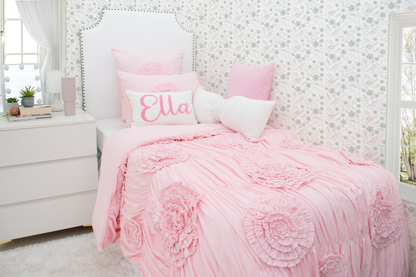 Cotton Ruched Shams With Ruffled Flowers-Baby Pink